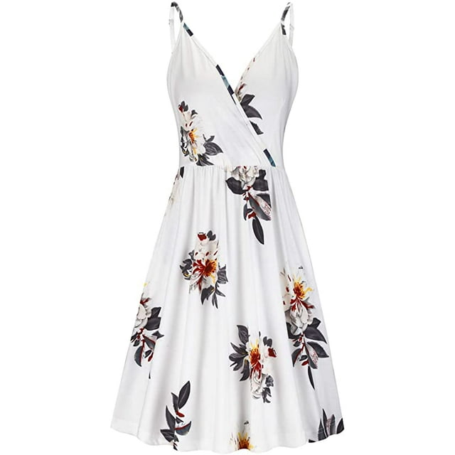 Robe d'Été Décontractée à Bretelles Spaghetti Florale Col en V avec Poche Fleurs Noires TG