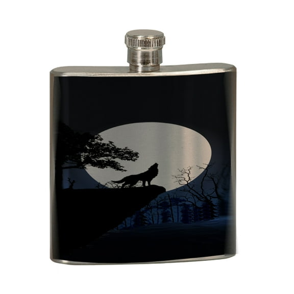 KuzmarK 6 oz. Stainless Steel Pocket Hip Liquor Flask - Wolf Full Moon Mountain