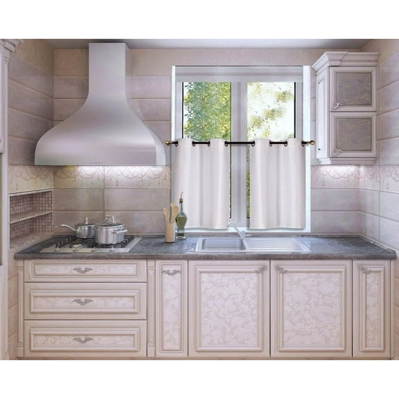 N25 White 1-Set Light Filtering Kitchen Window Curtain, 2 Faux Silk Tier Panels With Bronze Grommets on Top