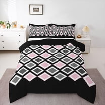 Castle Fairy Minimalist Checkered Twin Comforter Sets,Black Pink Grey Bedding Set