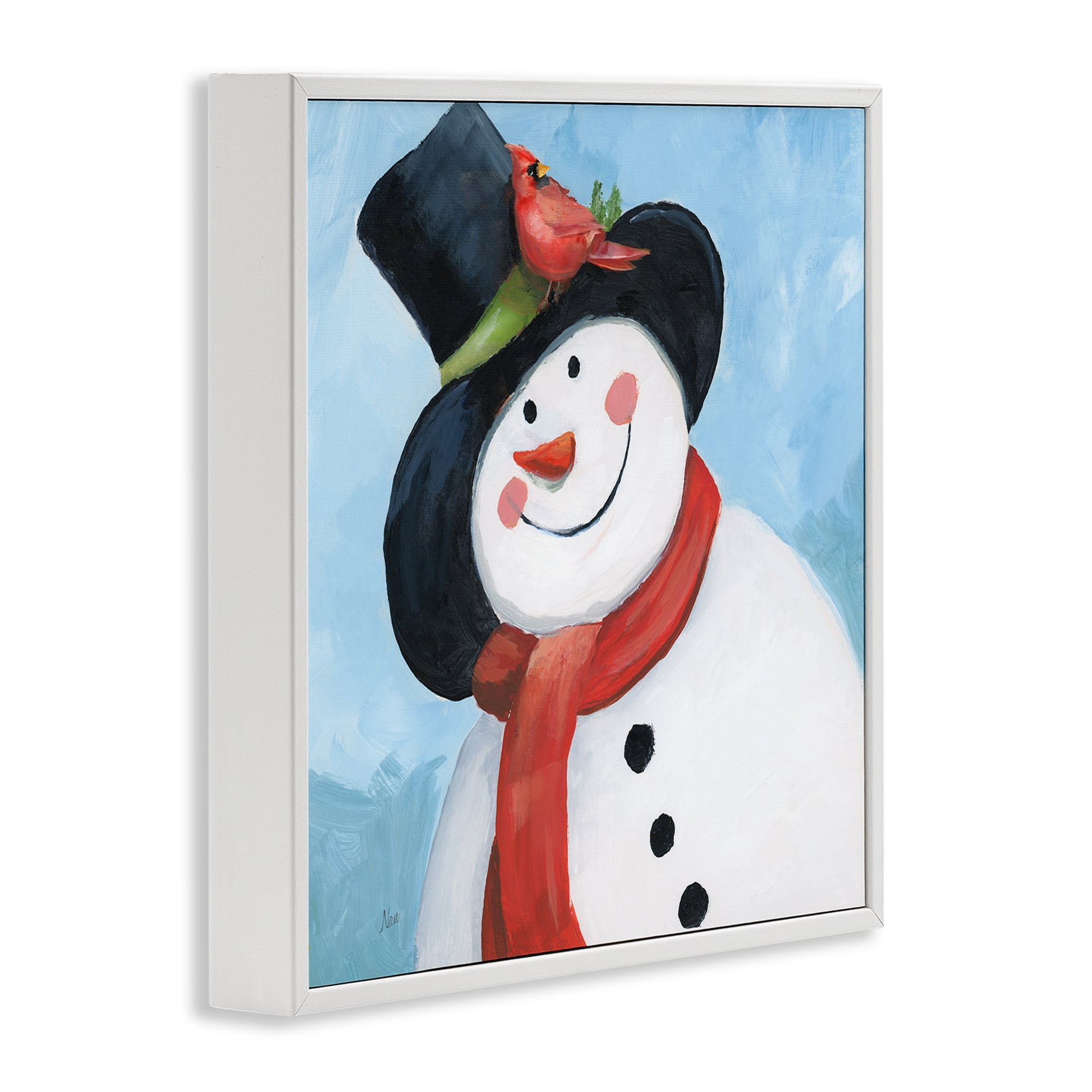 Stupell Industries Cheerful Snowman with Cardinal White Framed Giclee Art, design by Nan