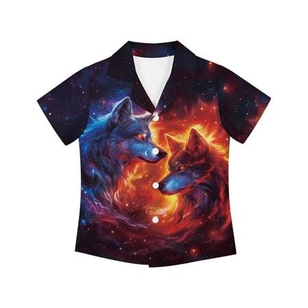 Garronmavis Galaxy Wolf Button Down Shirts for Boys Girls 11-12 Short Sleeve Cool Summer Tops for Beach Vacation & Summer Holiday Lightweight Casual Daily School Play Wear