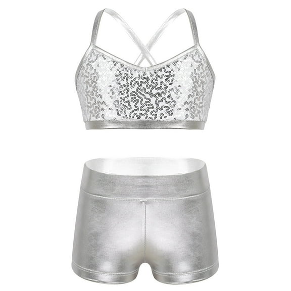 YONGHS Kids Girls 2-Piece Sports Dance Outfits Crop Tops with Booty Shorts Set 5-14