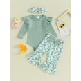 thumbnail image 2 of Infant Baby Girls 3 Piece Outfits Ribbed Long Sleeves Romper and Daisy Print Elastic Flared Pants Headband Set, 2 of 7