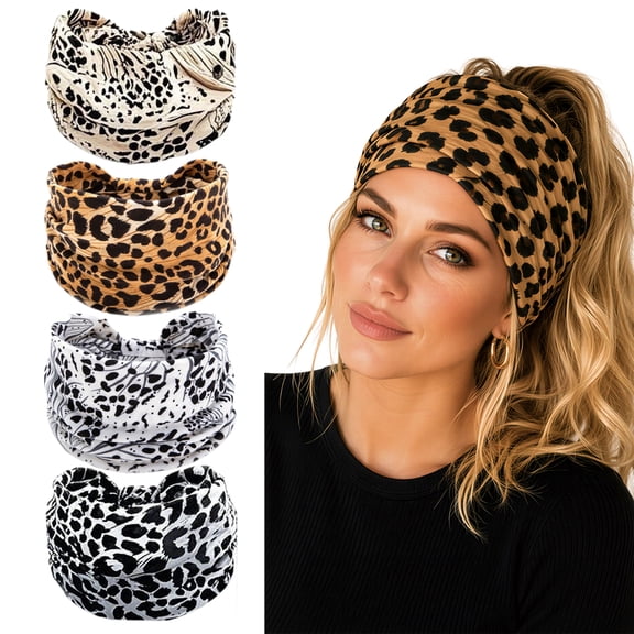 4-Pack Leopard Wide Headbands, Non-Slip Stretchy Fabric Hair Bands for Yoga & Sports