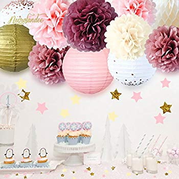 26pcs Ceiling and Party Decoration Set Dusty Rose Tissue Pom Poms,Rose Gold Foil Dots Paper Lanterns Pink Honeycomb Ball Backdrop Flowers,Hanging Swirl Decor for Birthday,Bridal,Wedding,Baby Shower 