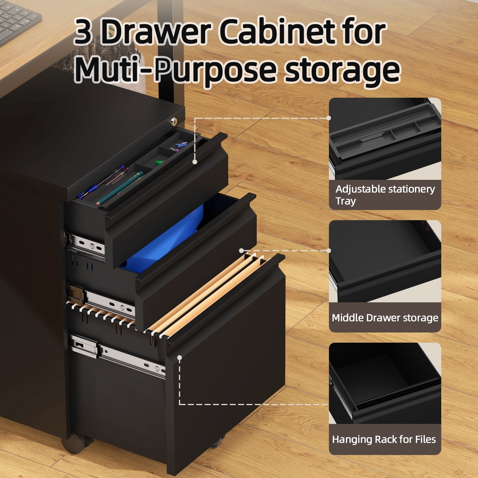 Marcree 3 Drawer File Cabinet with Lock, Black Mobile File Cabinets for Home Office,Under Desk Small Filing Cabinet, Rolling File Cabinets for A4/Letter/Legal, Fully assembled