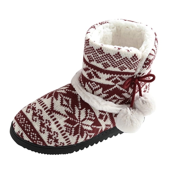Xfvqtps Womens Snow Boots Knit Plush Fleece Line Bowknot Pom Poms Fluffy Unique Printing Cute Warm Soft Cozy Ankle Boots Winter Slippers Home Mute Couple Hair Plush Ball Interior Boots Red