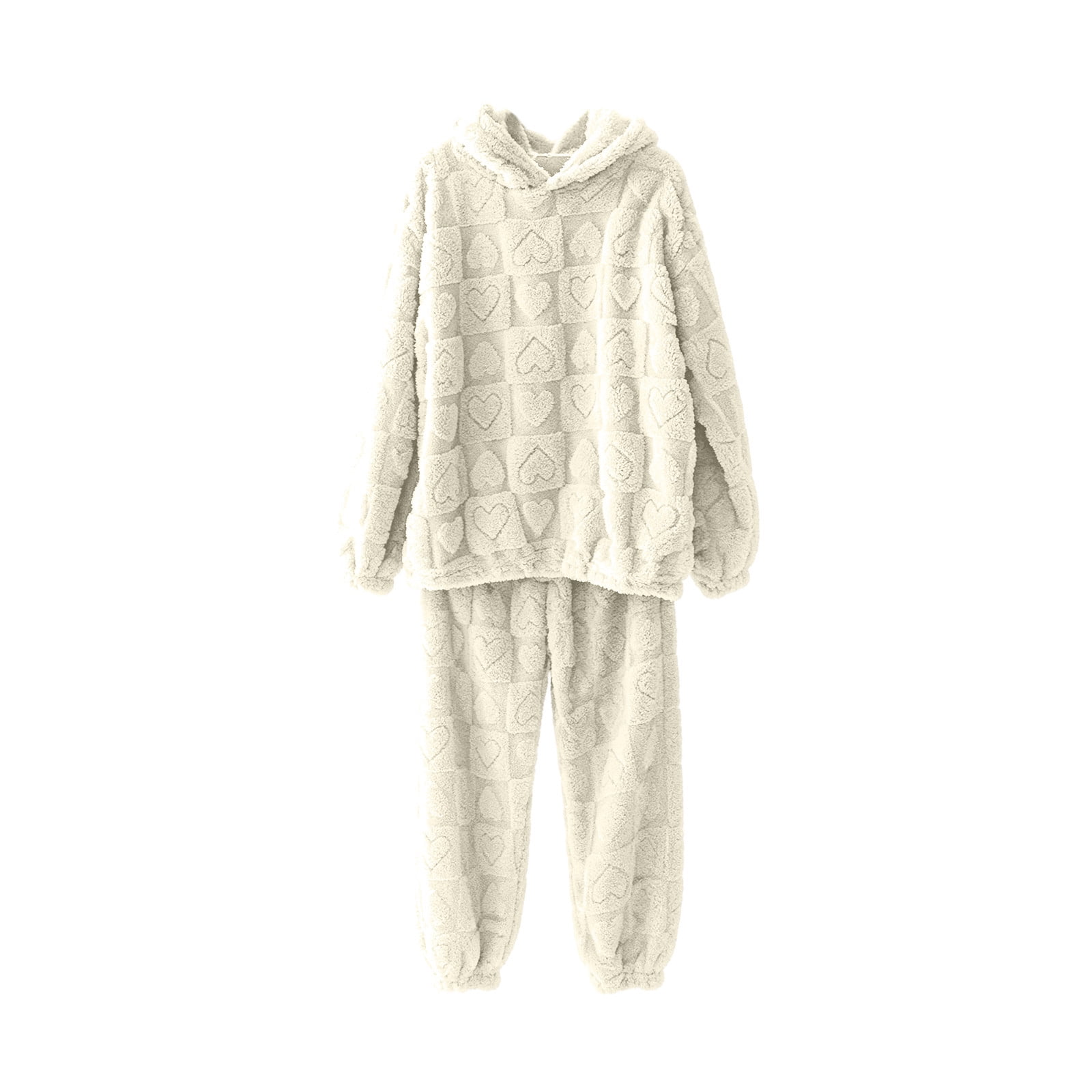 CHGBMOK Women Hooded Pajama Sets Heart Embossed Fleece Long Sleeve Top & Elastic Cuffed Jogger Pants Warm Plush 2‑Piece Loungewear