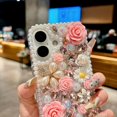 thumbnail image 4 of for iPhone 16 Pro Case,Cute Bling Glitter Sparkle Stunning Stones Diamond Rhinestone 3D Handmade Pearl Rose Flower with Wrist Lanyard for Women Girly for iPhone 16 Pro (Pink), 4 of 18