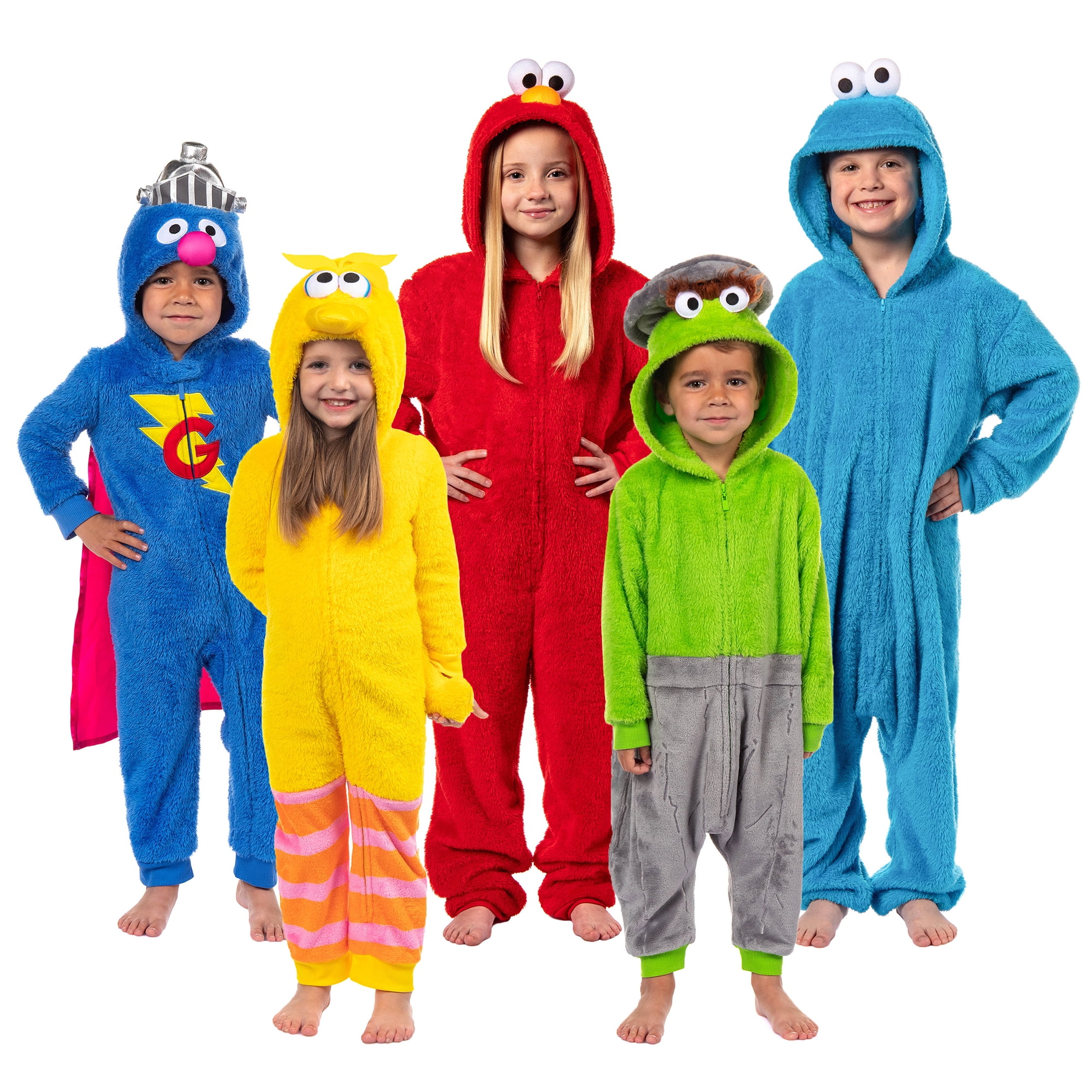 Sesame Street Unisex Kids' Character Hooded Union Suit Kigurumi Fleece Pajama - Cookie Monster Elmo Big Bird Oscar Grover
