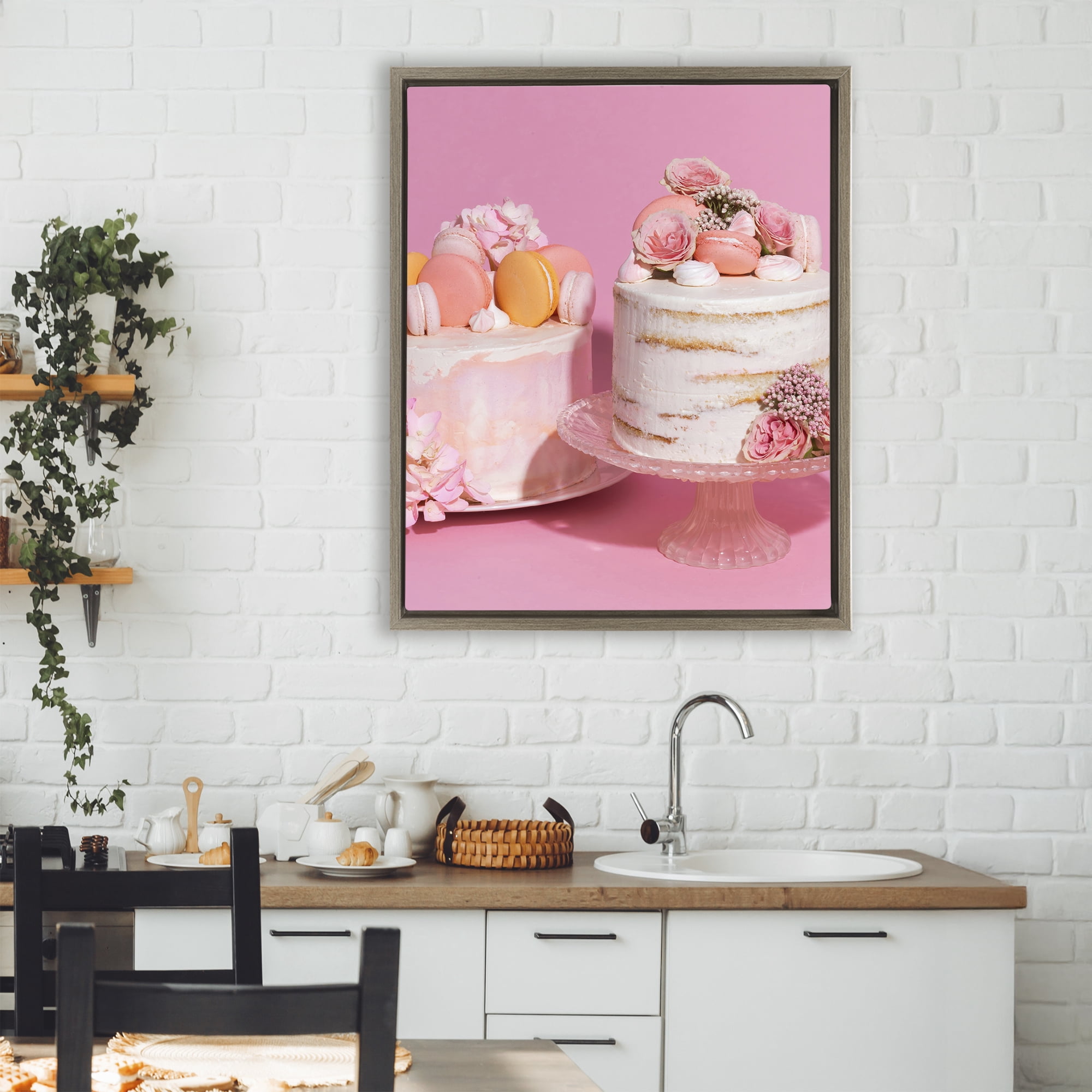 Stupell Industries Pink Pastel Macaroon Cakes Brown Framed Floater Canvas Wall Art, design by LISH Creative