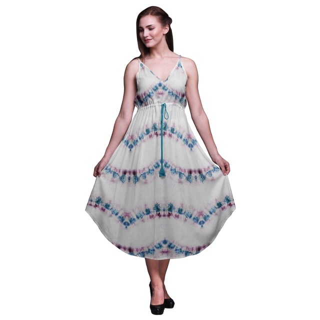 Bimba Robe Midi Imprimée Teinture sur Nœuds pour Femmes Été Col en V Tenue de Vacances-Moyenne