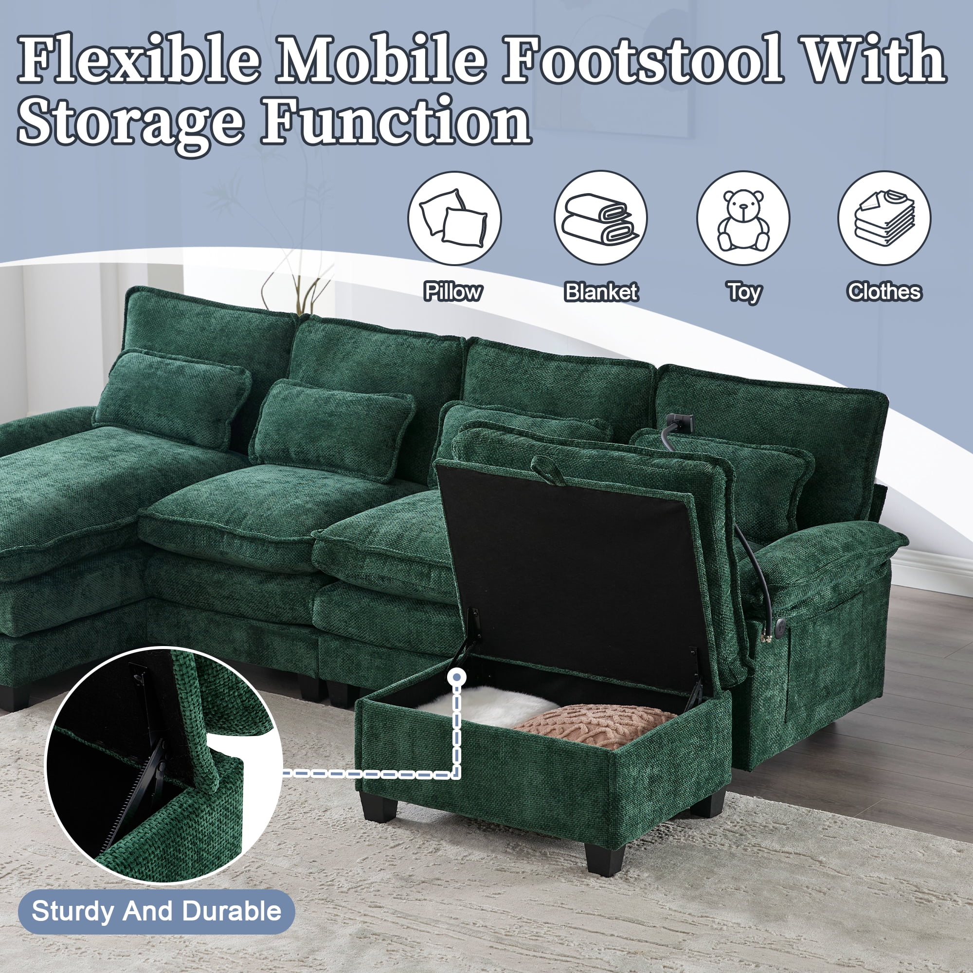 MOONMISS Chenille Upholstered Oversized U-shaped Comfy Modular Sectional Sofa with Storage Ottoman-Emerald