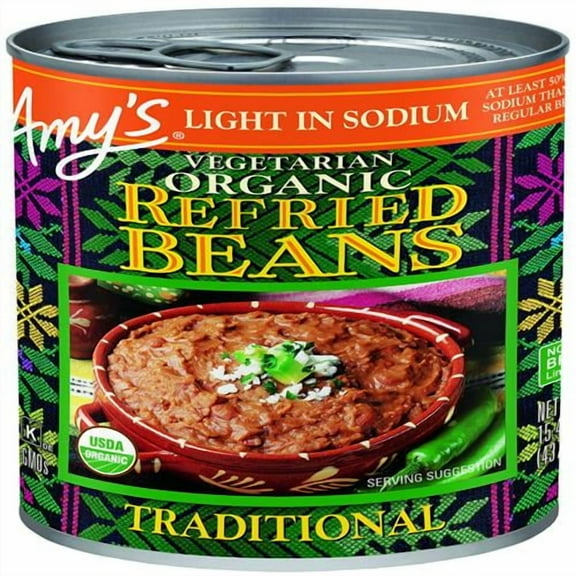 Amys Organic Refried Beans Canned, Traditional Beans Light In Sodium, Vegan. Gluten Free And Vegetarian, 15.4 Oz - Pack of 2