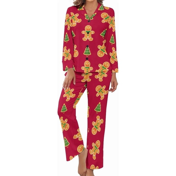 Top-kevin Pajama Sets for Womens Gingerbread Candy Canes Hearts Loose Button Down Long Sleeve Shirts And Pants Set