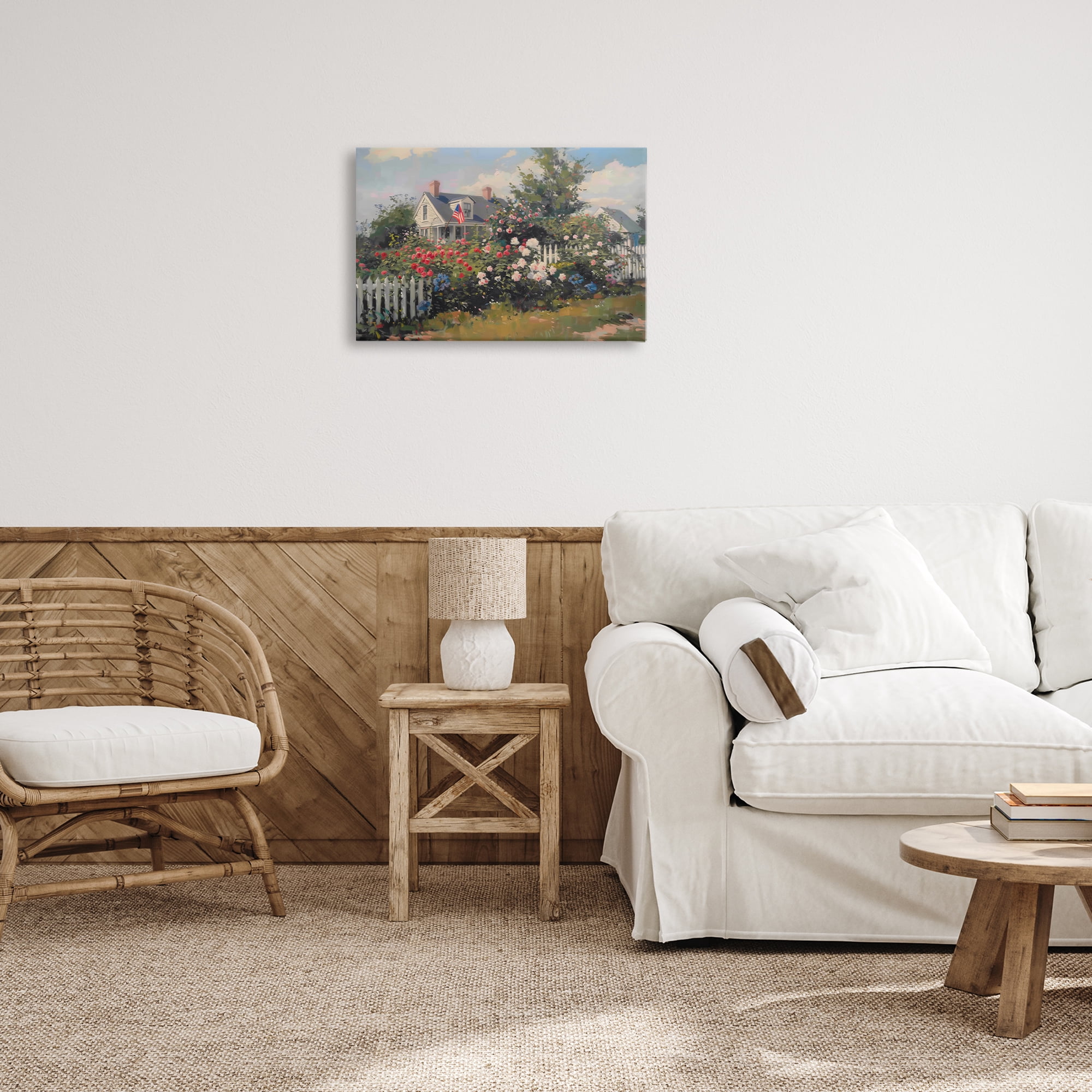 Stupell Industries Patriotic Cottage Garden Landscape & Nature Painting Wrapped Canvas Art Print Wall Art, 24 x 16