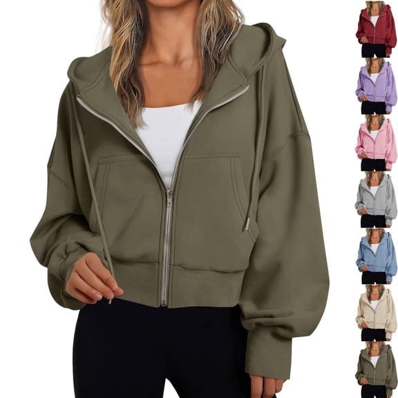 Danhjin Women's Cropped Hoodies Full Zip up Sweatshirts Long Sleeve Solid Color Fashion Casaul Comfy Soft Drawstring Jackets with Pockets