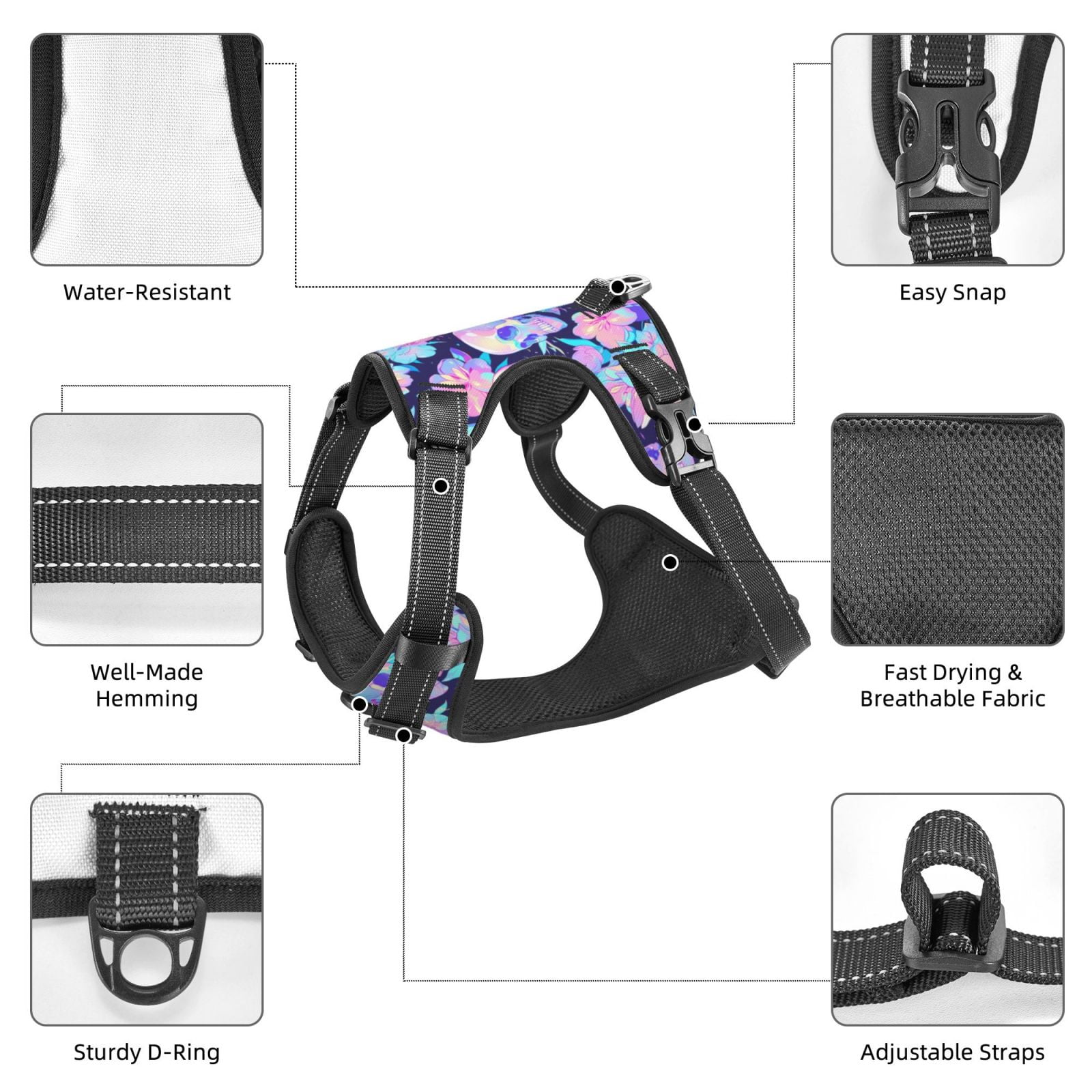 Vsdgher pinkk flower crystal Skull Pattern Dog Harness,No Pull Pet Harness with Soft Padded Handle,Adjustable Reflective Vest with 2 Buckles,4 Slide Buckles,S-XL Medium