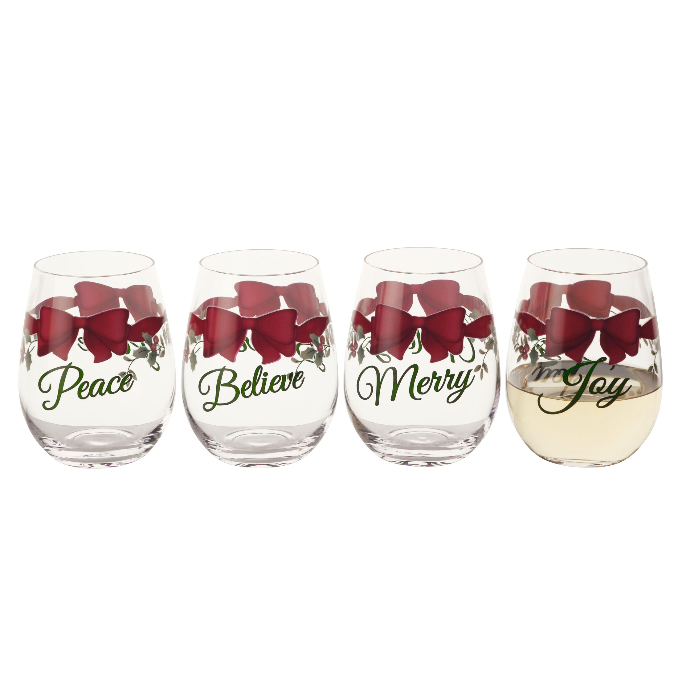 Pfaltzgraff Winterberry 19.3 oz Stemless Wine Red Ribbon Set of 4