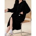 thumbnail image 5 of Womens Black Plush Hooded Bathrobe, Thermal Lined Fleece Sleepwear, Cozy, 5 of 6