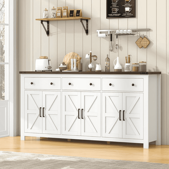 Winkalon 71" W Buffet Cabinet with 6-Doors, Farmhouse Credenza Sideboard with 3-Drawers & Adjustable Shelves for Kitchen Dining Room, White