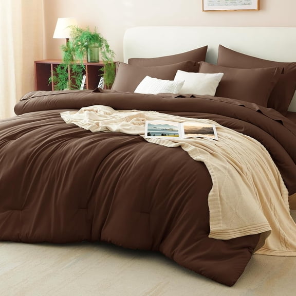 King Size Brown 7-Piece Comforter Set with Down Alternative Comforter Sheets and Pillowcases