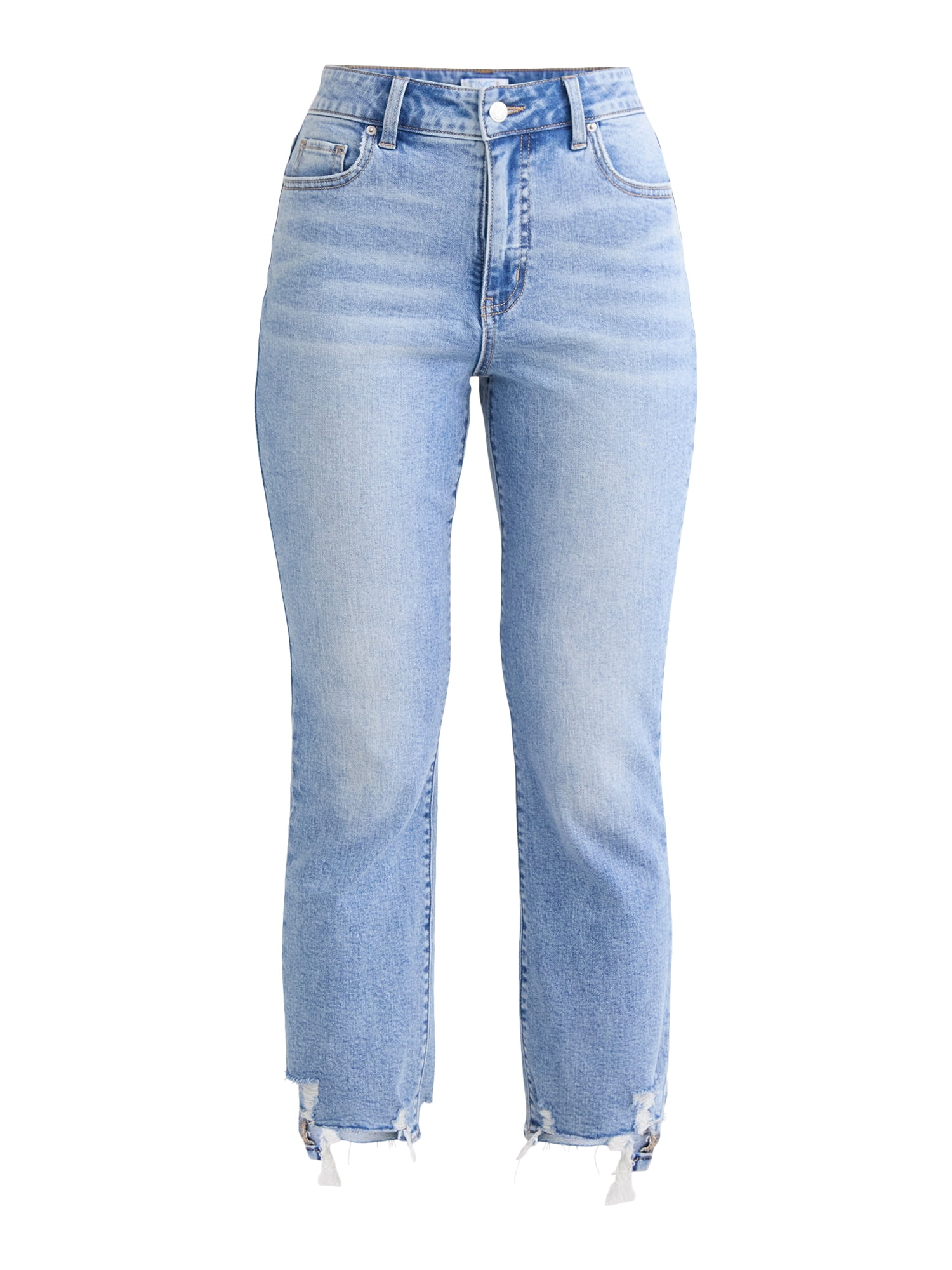 Time and Tru Women's and Women’s Plus High Rise Straight Leg Jeans with Raw Hem, 27.5” Inseam, Sizes 0-22