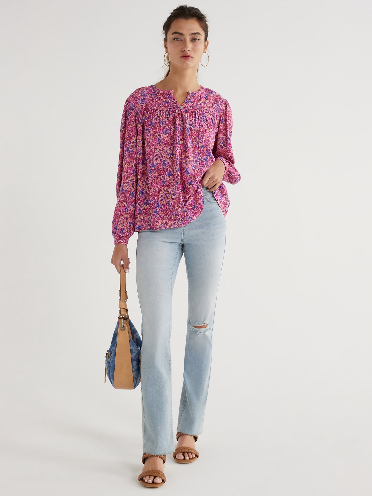 Time and Tru Women’s Smocked Top with Long Sleeves, Sizes XS-XXXL