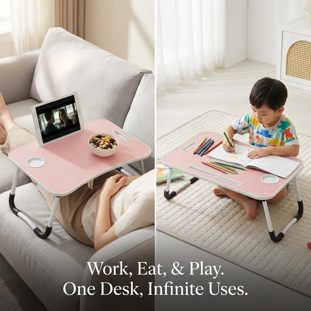 Folding Lap Desk  23 Inch Portable Wood Blue Laptop Bed With Cup Holder For Working Reading Writing Eating Watching Movies Sofa Couch Floor -new008 Pink