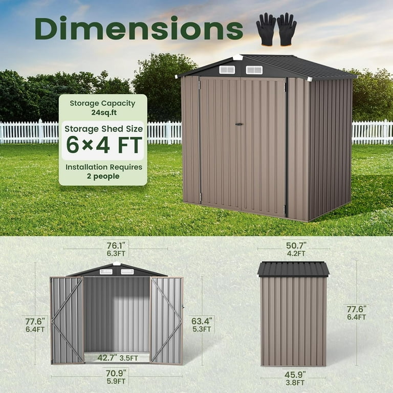 GVDV Metal Shed, 6'x4' Rustproof Galvanized Storage, Lockable