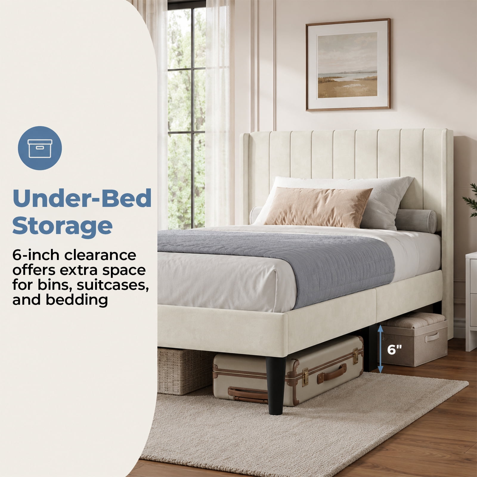 Alvantor Upholstered Bed Frame, Fabric-covered Wing-shaped Headboard and Wooden Crossbars, Bed Frame with Storage Space, Easy Assembly, Noise Free, No Box Spring Needed