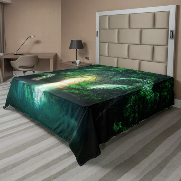 Ambesonne Jungle Flat Sheet, Mangrove Rainforest Lake, Queen Size, Green Teal