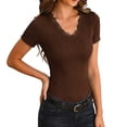 thumbnail image 3 of QNANSPI Short Sleeve Shirts for Women, Womens Casual Tops, Women's Solid Color V Neck Short Sleeve Top Lace Detail Layering Casual Daily Blouse, 3 of 7