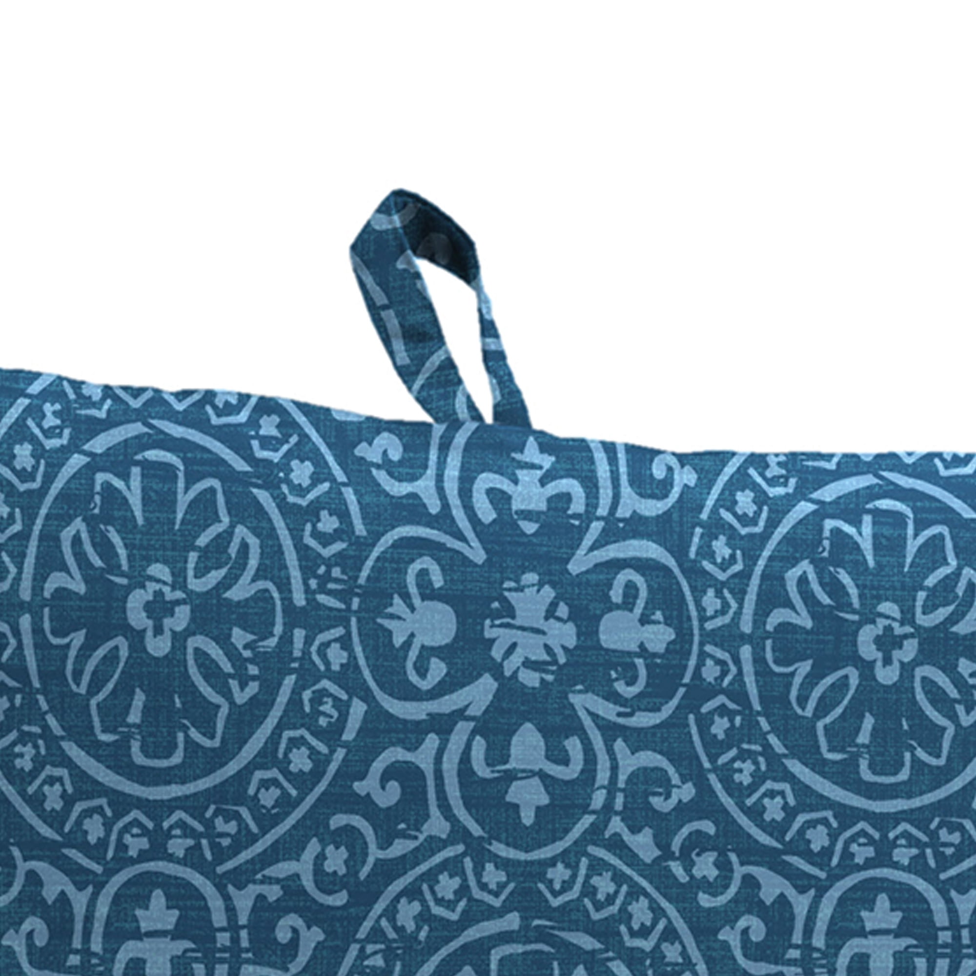 Jordan Manufacturing 44" x 21" Oberring Tuscan Blue Medallion and Quasi Tuscan Blue SolidReversible Rectangular Outdoor Chair Cushion with Ties and Hanger Loop