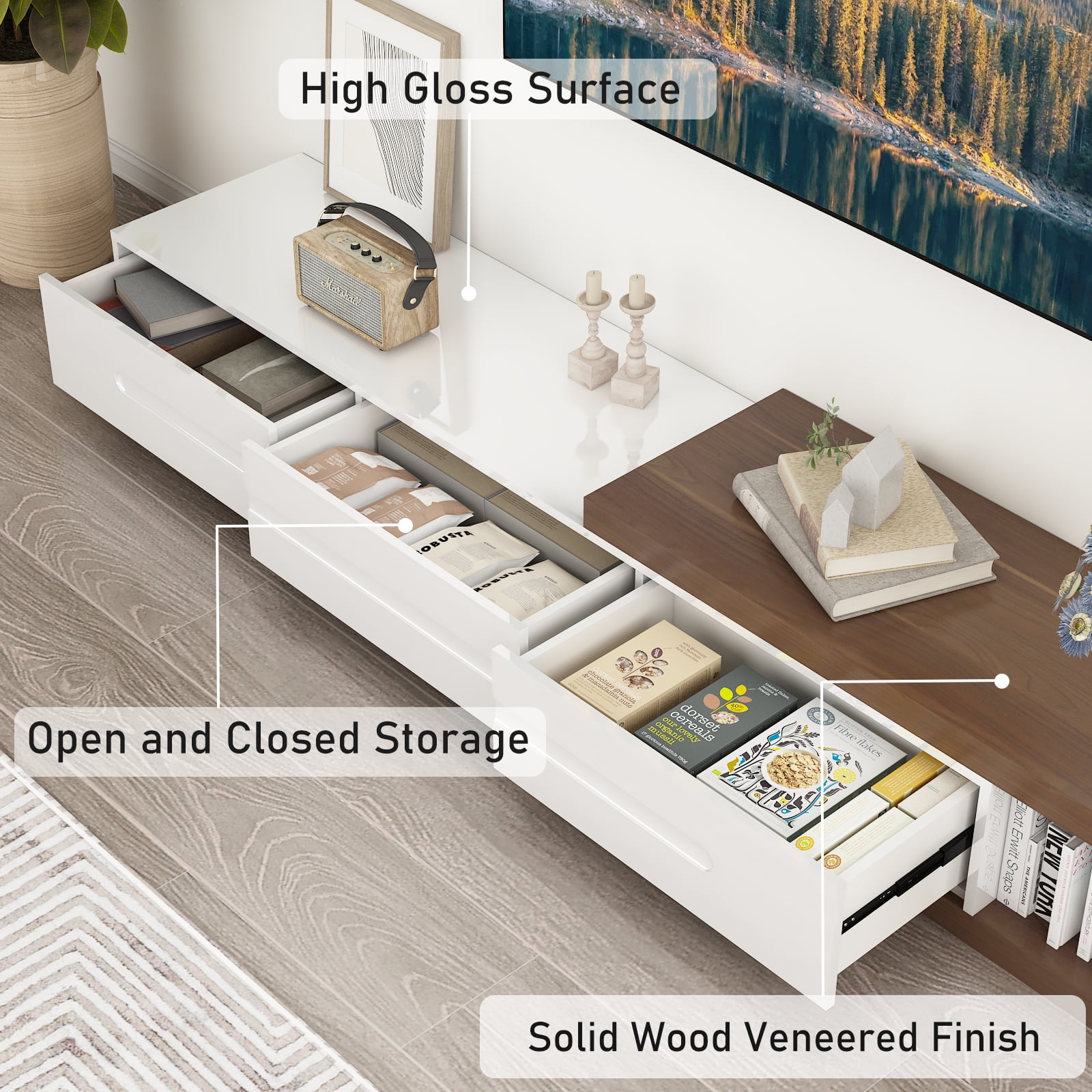 Blotout Extendable TV Stand for TVs up to 120", Wood Reversible Entertainment Center with 3 large Drawers, Extendable TV Media Console for Living Room,Bedroom
