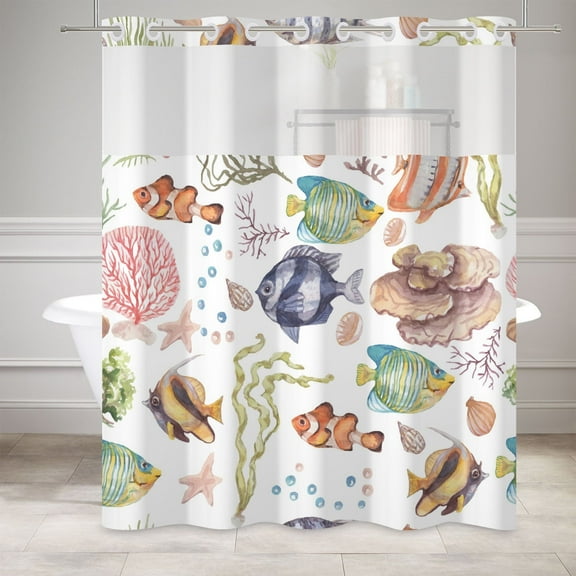 Mizhona Colorful Sea Plants No Hook Shower Curtain with Snap in Liner,Summer Hookless Bath Curtain,71"× 86"