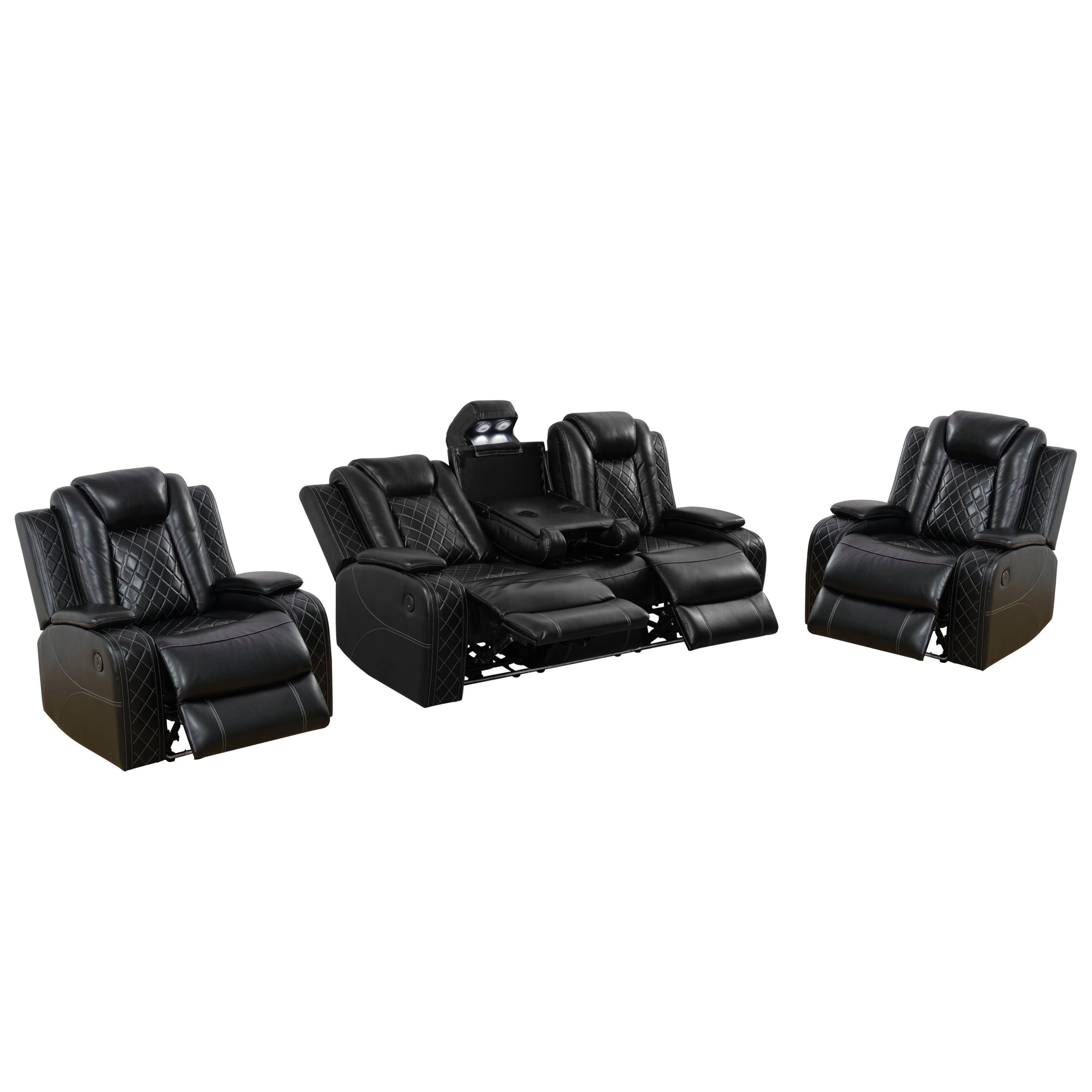 Gewnee 3-Seat Power Adjustable Sofa with 2 Recliners, Console & Cup Holders, Air Leather, Adjustable Recline, Ideal for Living Room, Black