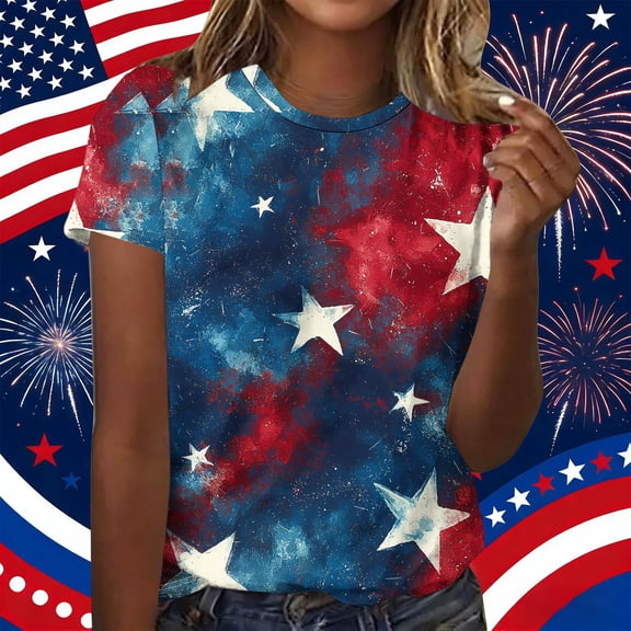 VKOYWKM American Flag Shirt Women 4th of July Short Sleeve T-Shirts Summer Tops Patriotic Crew Neck Star Stripe Graphic Tees