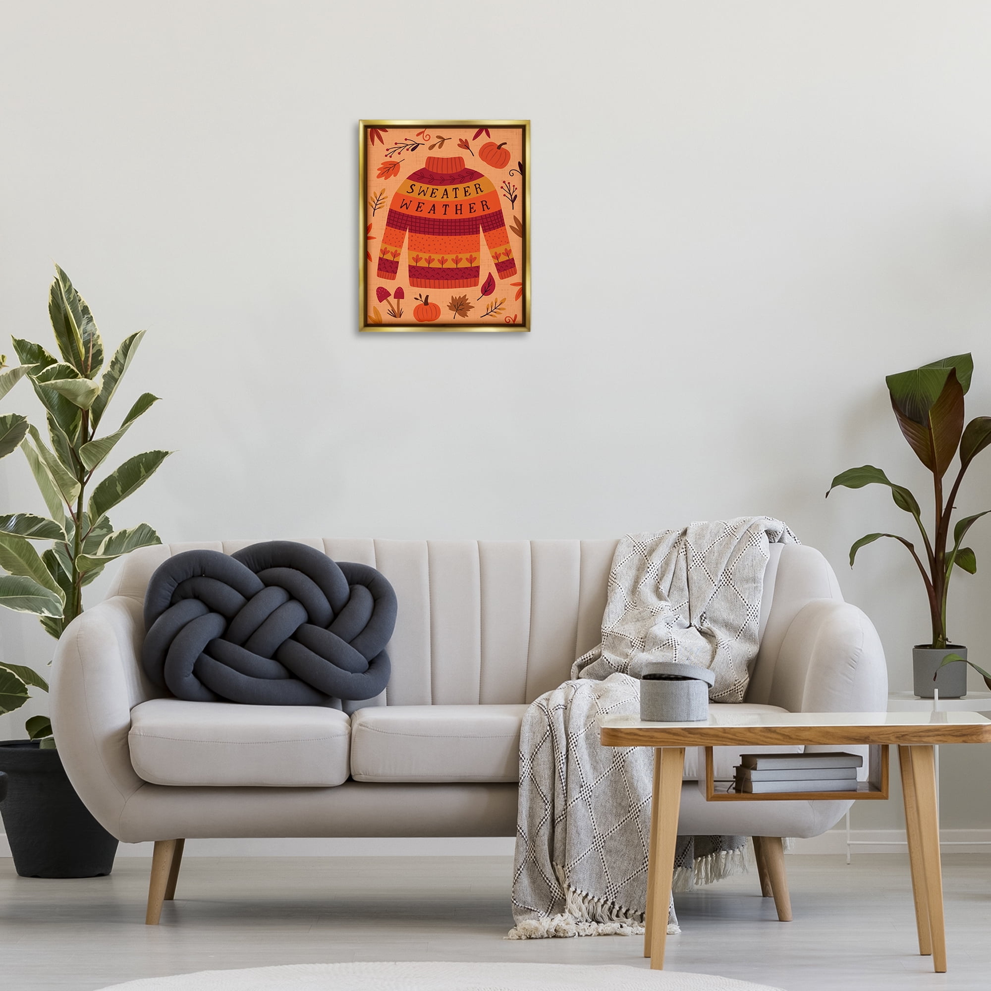 Stupell Industries Sweater Weather Cozy Fall Holiday Painting Gold Floater Framed Canvas Art Print Wall Art, 17 x 21