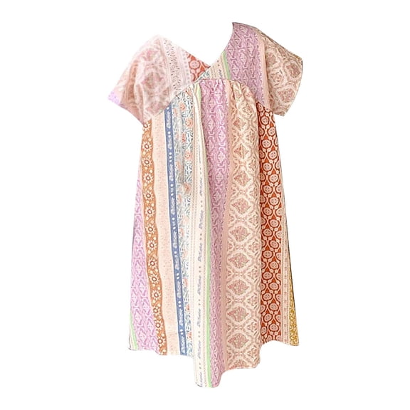 Kiijoy Little Girls Ethnic Style V Neck Dress Loose Short Sleeve Long Dress, Sizes 3-8