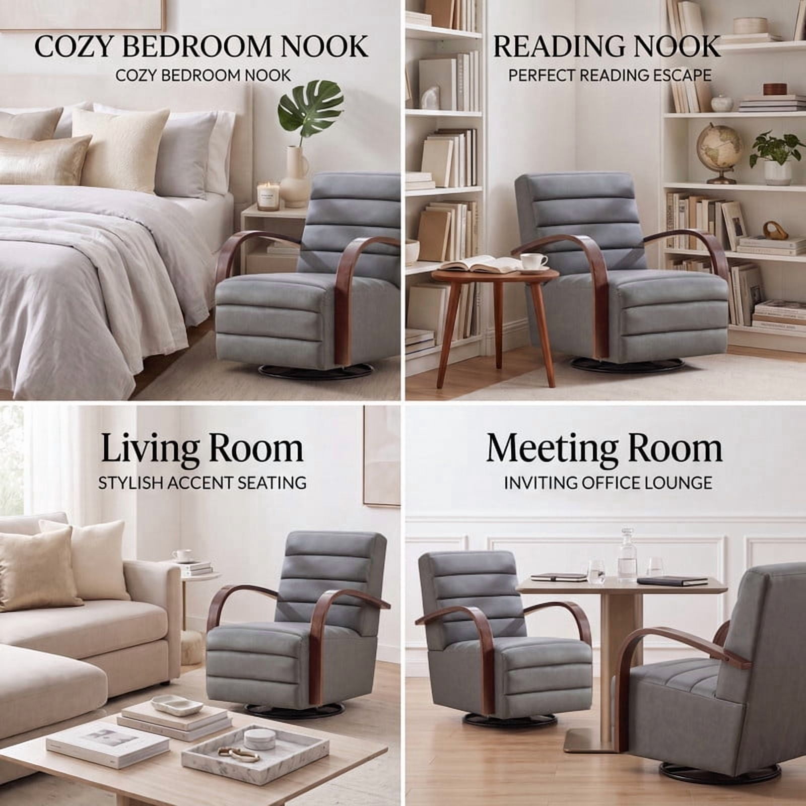 Gewnee Accent Chair, 360°Swivel Upholstered Reading Chair,Modern Armchair for Living Room, Bedroom & Home Office, Gray