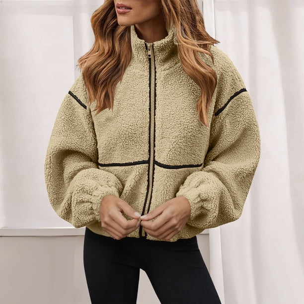 HongQid Womens Coat Casual Lapel Full Zip Fleece Jacket Long Sleeve Oversized Warm Winter Outwear with Pockets
