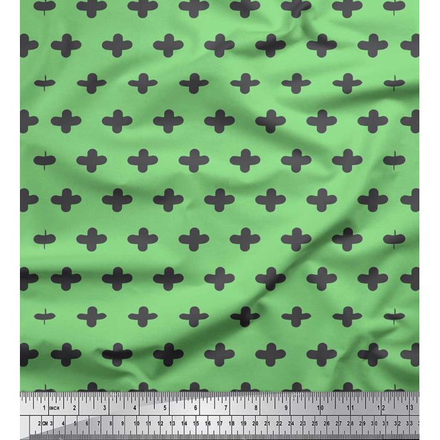 Soimoi Green polyester Crepe Fabric Plus Sign Geometric Printed Craft Fabric by the Yard 42 Inch Wide