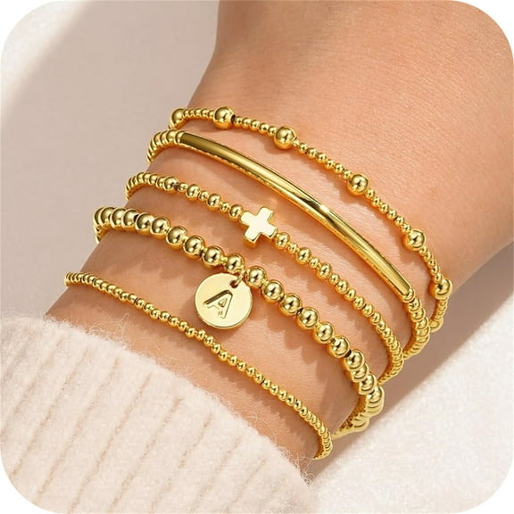 Turandoss 5Pcs Cross Beaded Bracelets for Women Jewelry Gifts Dainty 18K-Gold-Plated Letter A-Z Initial Bracelet Cross Bracelets for Women Layered Stretch Bead Stackable Bracelet Jewelry Set Gifts