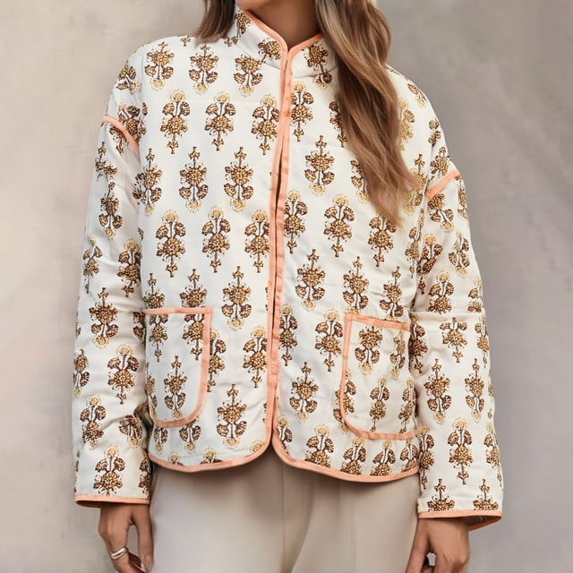 NJDVHB Parkas d'Hiver à Manches Longues pour Femmes, Veste Décontractée à Fleurs à Manches Longues pour Femmes Sans Capuche