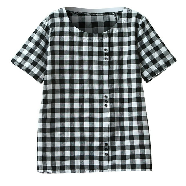 Pompotops Women Autumn Tops Plus Size Button Flower 3/4 Sleeve Linen T-shirt Blouse