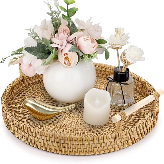 ACDANC Rattan Round Serving Tray,Hand-Woven Rattan Tray with Handles,Wicker Tray Basket for Bread,Fruit,Food,Coffee,Breakfast Display