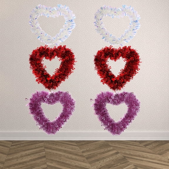 2026 Valentine's Day Heart Wreath Plastic Tinsel Garland for Front Door Wall Decor,Romantic Holiday Party Wedding Anniversary Home Hanging Decoration