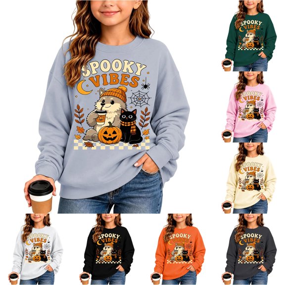 Venzia Women Cute Fall Sweatshirt, Retro Pumpkin Black Cat Cartoon Graphic Crewneck Casual Autumn Pullover Top